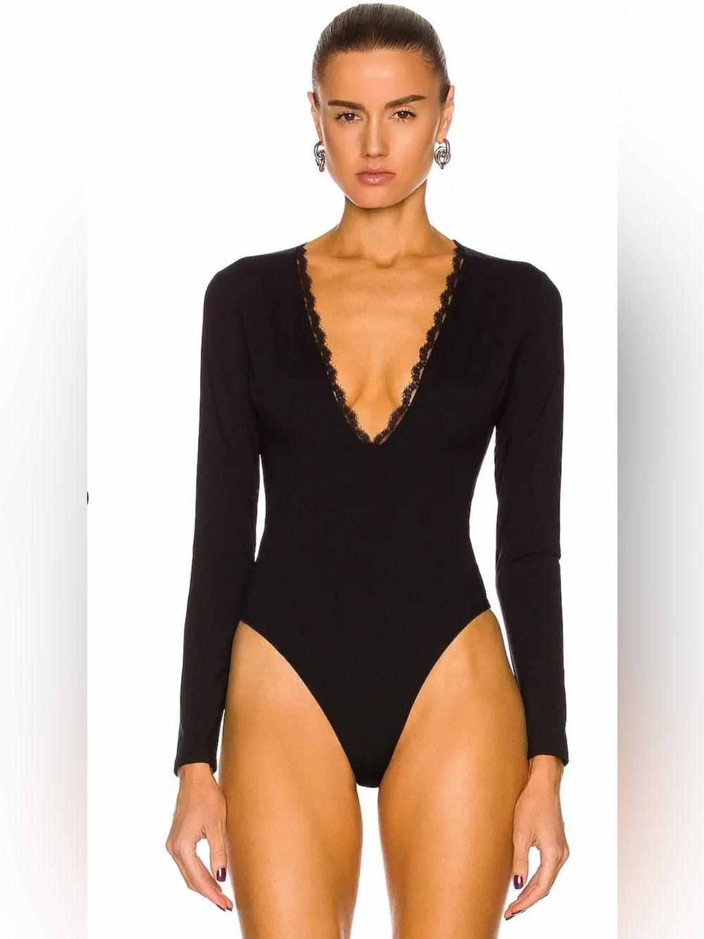Fleur du Mal Black Long-Sleeve Lace-Trim Deep V Bodysuit